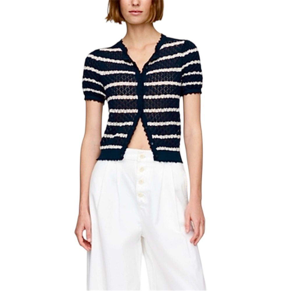 GAP x DOEN Linen-Blend Cardigan in Navy Blue White Knit Sweater Sz Small EUC!